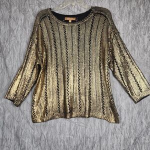 Ellen Tracy Women's Gold Foil Knit Top Size Large Glam Retro Holiday